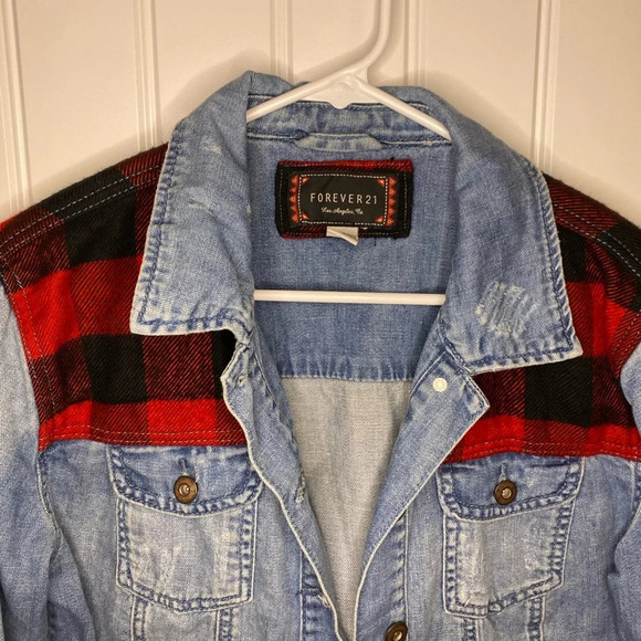 Forever 21 Buffalo Plaid Distressed Denim Jacket - Picture 3 of 4